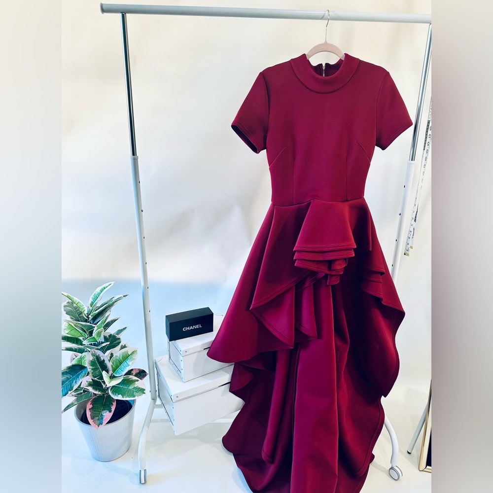 Wine Peplum High-Low Top with Train